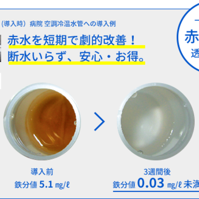 NMRパイプテクター導入前と導入後の病院の空調冷温水配管の赤水改善の様子。