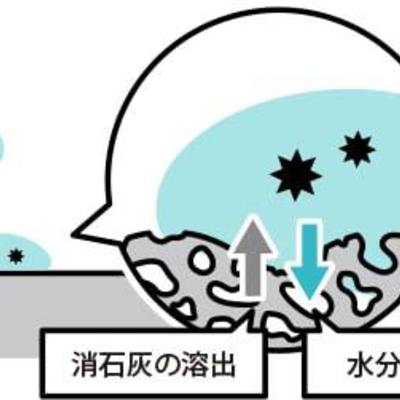 付着したウイルス周辺の水分が消石灰と反応して強アルカリ性となりウイルスを不活性化