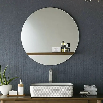 「おしゃれミラー M019E」W700×H700mm 木製棚付き洗面鏡