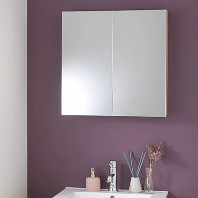 「おしゃれミラー M024」W600×H600×D120mm 木製キャビネット付き洗面鏡