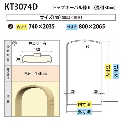 内装用トップオーバル枠２（見付30mm）【KT3074D 間口740 戸当り有り 見込130】