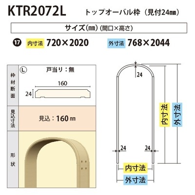 内装用トップオーバル枠（見付24mm）【KTR2072L 間口720 戸当り無し 見込160】